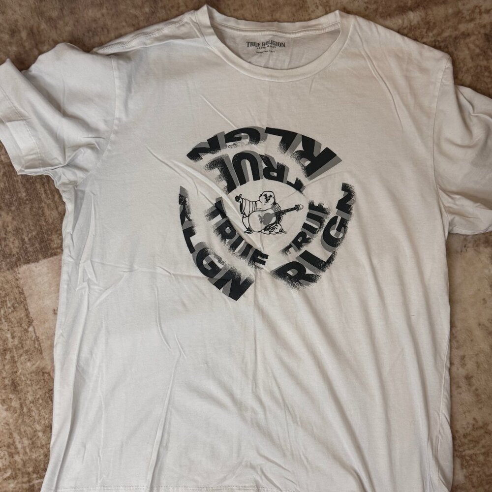 True Religion White Cotton S/S T-shirt w/ Logo & Graphic on Front in Black, XL